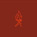 Minimalist red outline of an Atlas-like figure carrying a large flame on a dark background.