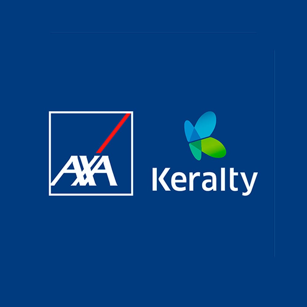 AXA and Keralty company logos displayed side-by-side against a solid dark blue background.