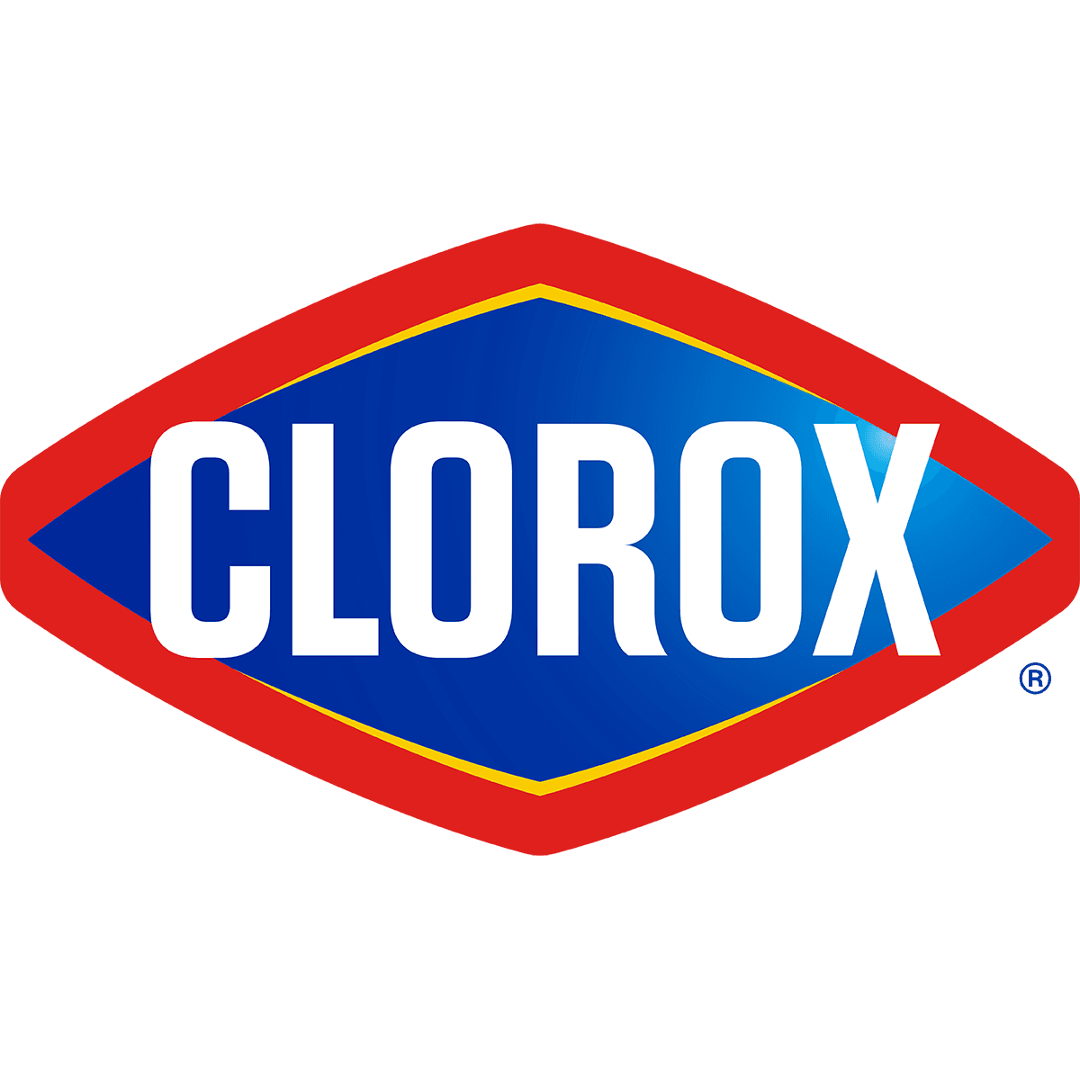 Clorox logo with white text inside a blue diamond, outlined in yellow and red.