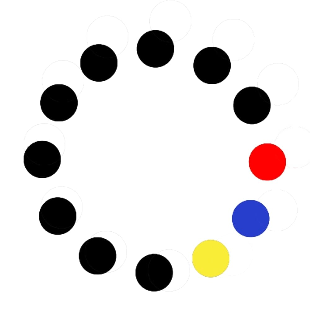 Twelve dots in a ring with motion trails, including nine black, red, blue, and yellow.